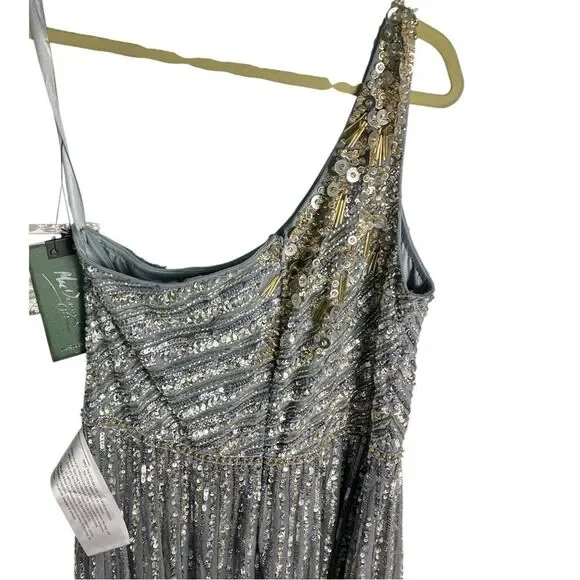 Mac Duggal Dress 16 Silver One Shoulder‎ Embellished Sequin Beaded Maxi Gown NWT - Picture 11 of 15